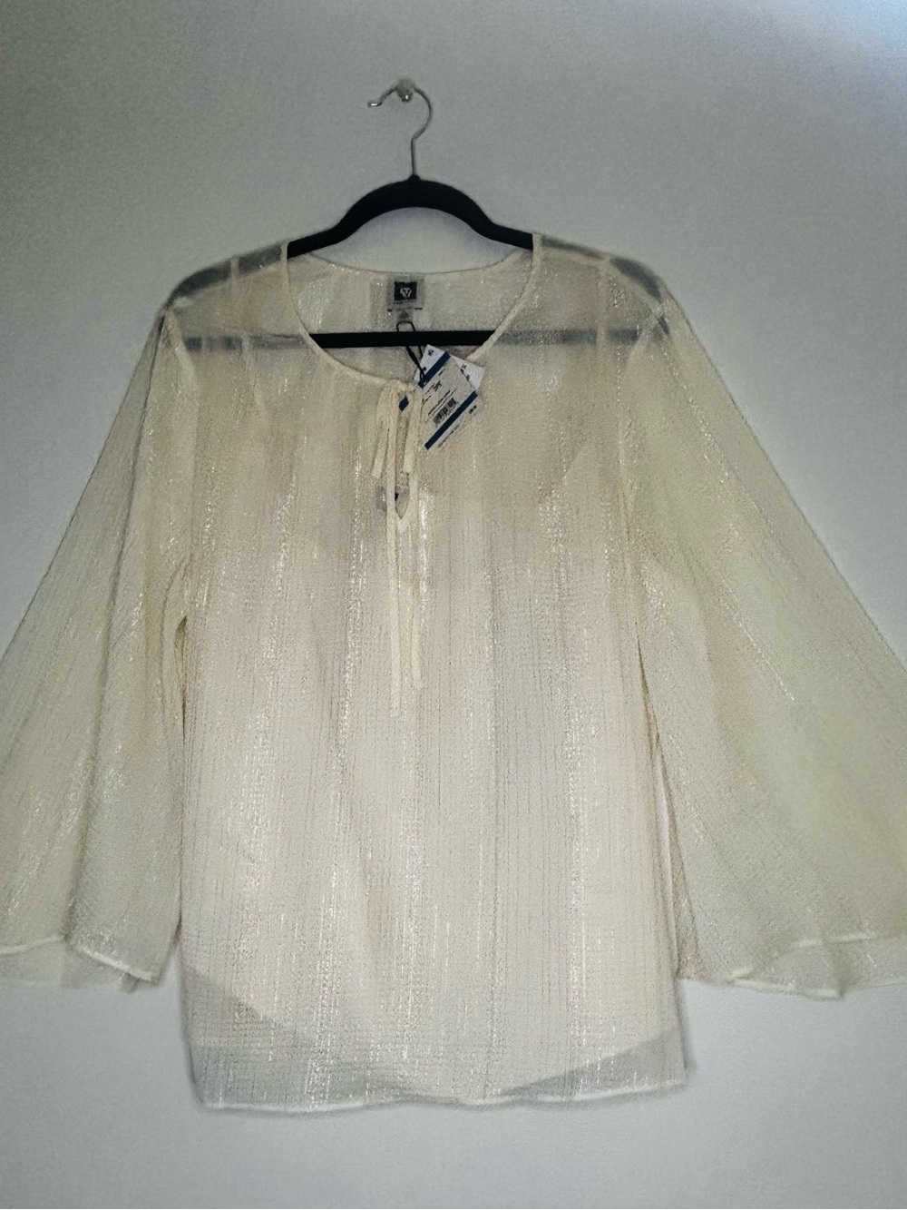 XL NWT Anne Klein 2-Piece Sheer Tie-Neck Blouse metallic pinstriped Ivory
